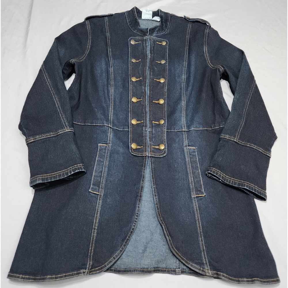Military Denim Longline Jacket Dark Wash Brass Crest Button Cutaway Coat L